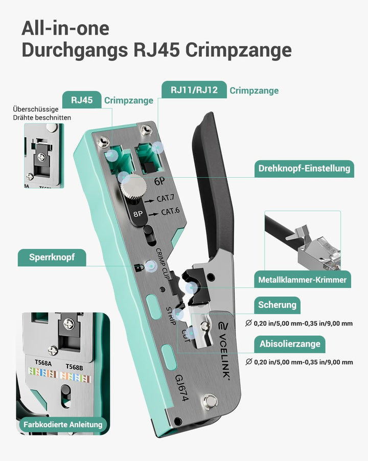 VCELINK Netzwerk Werkzeug Set, RJ45 Crimpzange mit 20 x RJ45 Stecker Cat7 Pass Through, Netzwerktest