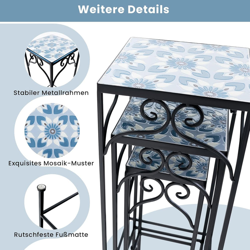 COSTWAY Blumenständer Mosaik 3er Set, Blumenhocker Garten Quadratisch, Blumentreppe Metall, Gartenti