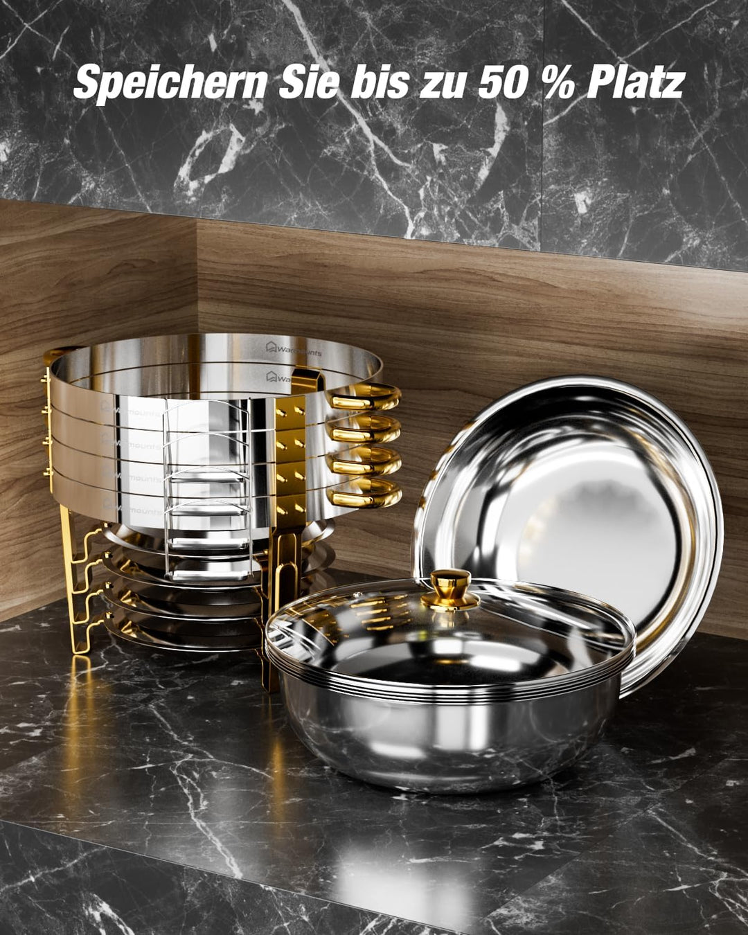WARMOUNTS 4er Set Silber & Gold Chafing Dish Buffet 5L, Rund Speisenwärmer für Catering mit Glasdeck