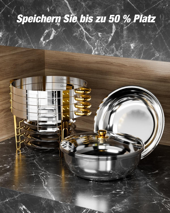 WARMOUNTS 4er Set Silber & Gold Chafing Dish Buffet 5L, Rund Speisenwärmer für Catering mit Glasdeck