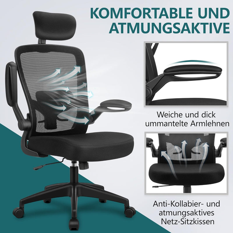 FelixKing Bürostuhl Ergonomischer schreibtischstuhl mit Verstellbarer Kopfstütze, Armlehnen, Lendenw