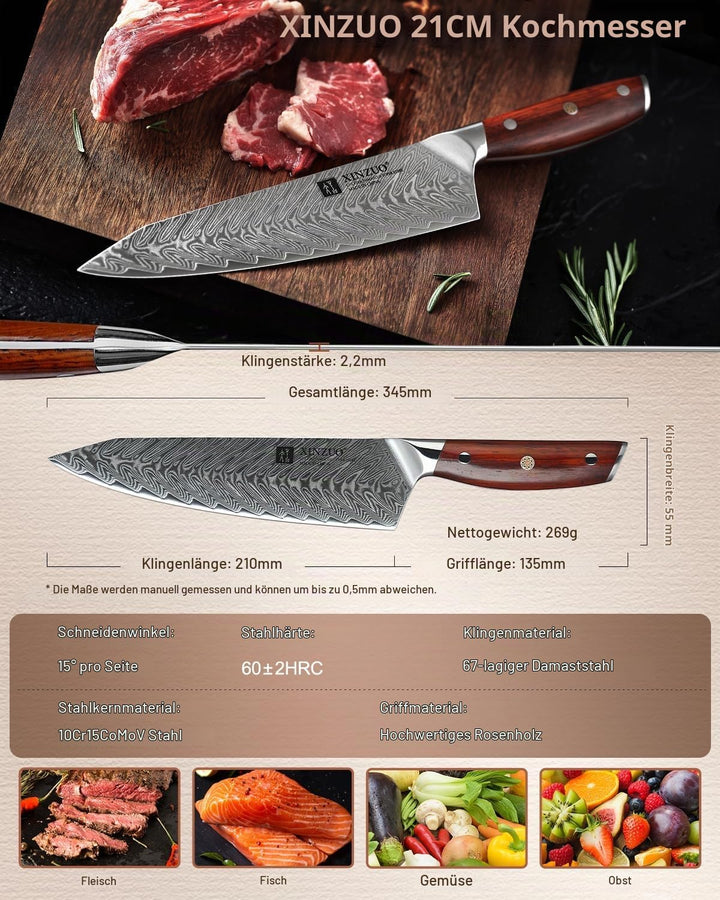 XINZUO Damaststahl Kochmesser, 21cm Kiritsuke Chefmesser Profi geschmiedet Kochmesser, Scharfe Kling