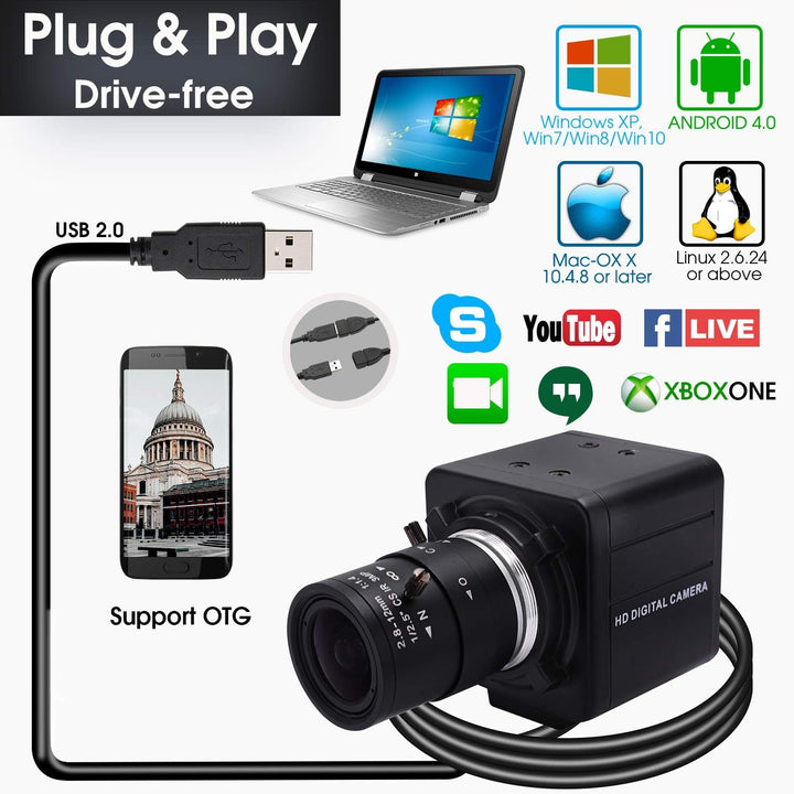 Svpro USB Kamera mit Zoom 2.8-12mm Varifokalobjektiv, 5MP Manueller Fokus HD USB Webcam Mini Kamera