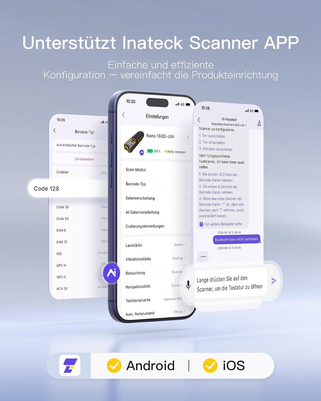 Inateck Barcode Scanner Bluetooth Kleine, 1D 2D QR Code Scanner Kabellos mit Bildschirm für Inventar