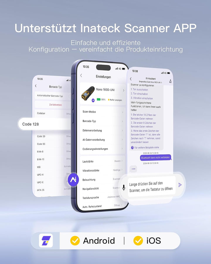 Inateck Barcode Scanner Bluetooth Kleine, 1D 2D QR Code Scanner Kabellos mit Bildschirm für Inventar