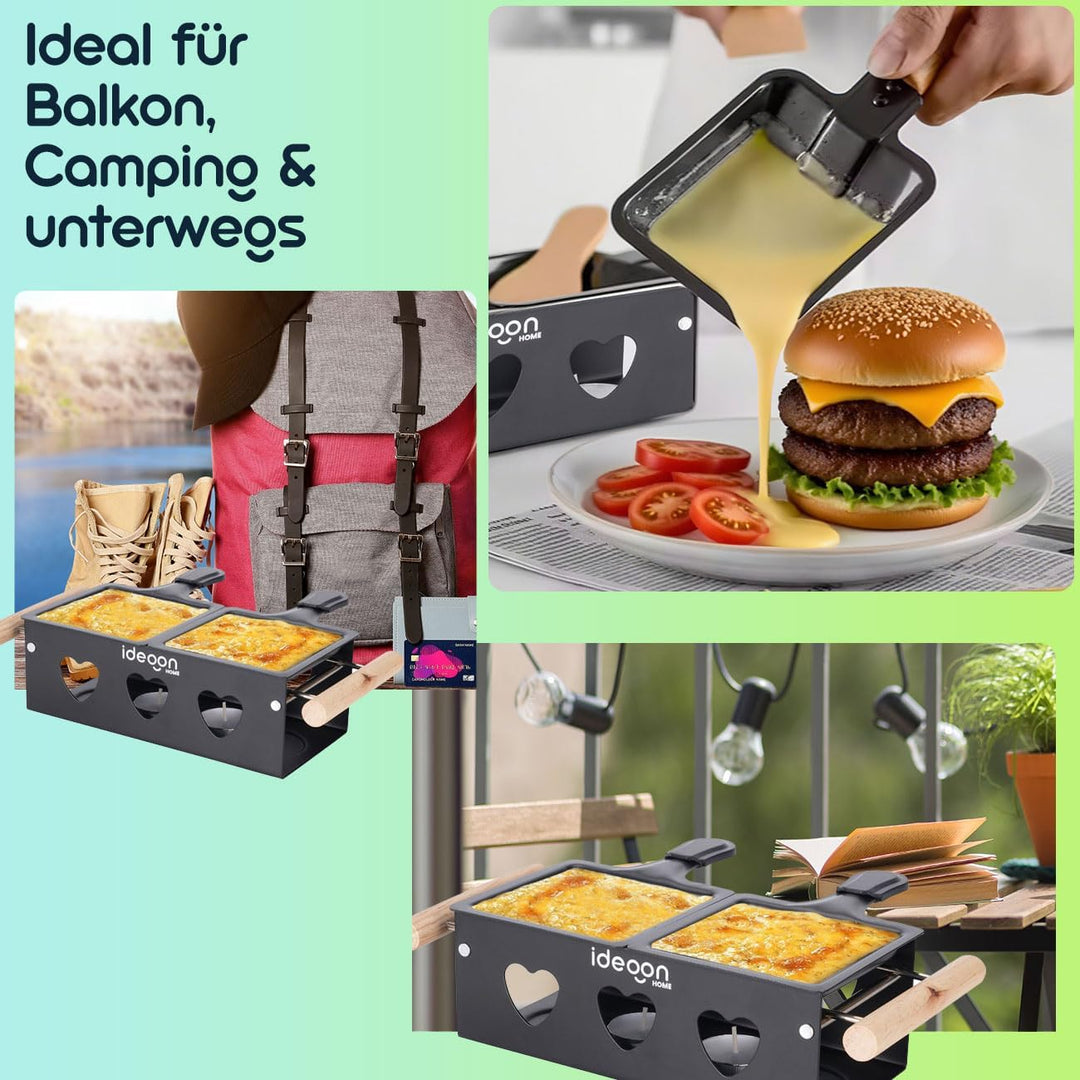 ideoon Raclette-Teelicht für 2 Personen, Raclette Set ohne Strom inkl. Teelichtern und Schaber, Meta