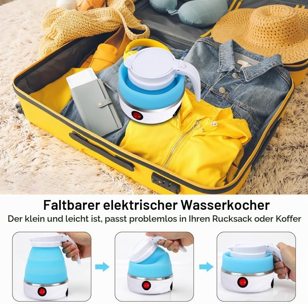 Faltbarer Wasserkocher 600ml Wasserkocher Faltbarer Reisewasserkocher mit 2 Faltbecher &amp; Aufbewahrun