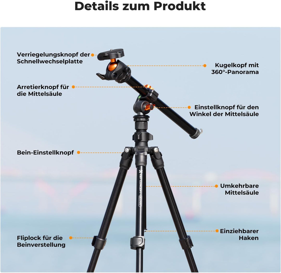 K&F Concept K234A0 Kamera Stativ mit Auslegearm,163cm Handy Stativ, Tripod für unterwegs, Stativ für