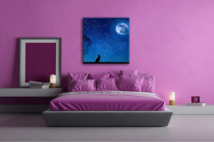 einsamer Wolf jault den Mond an Format: 70x70 als Leinwand, Motiv fertig gerahmt auf Echtholzrahmen,