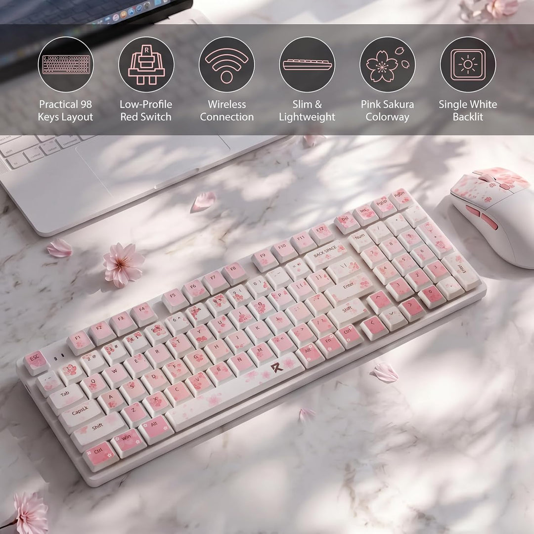 Redragon BS7552 Kabelloses Set 98 Tasten Flachmechanik 4000 DPI Sakura-Rosa