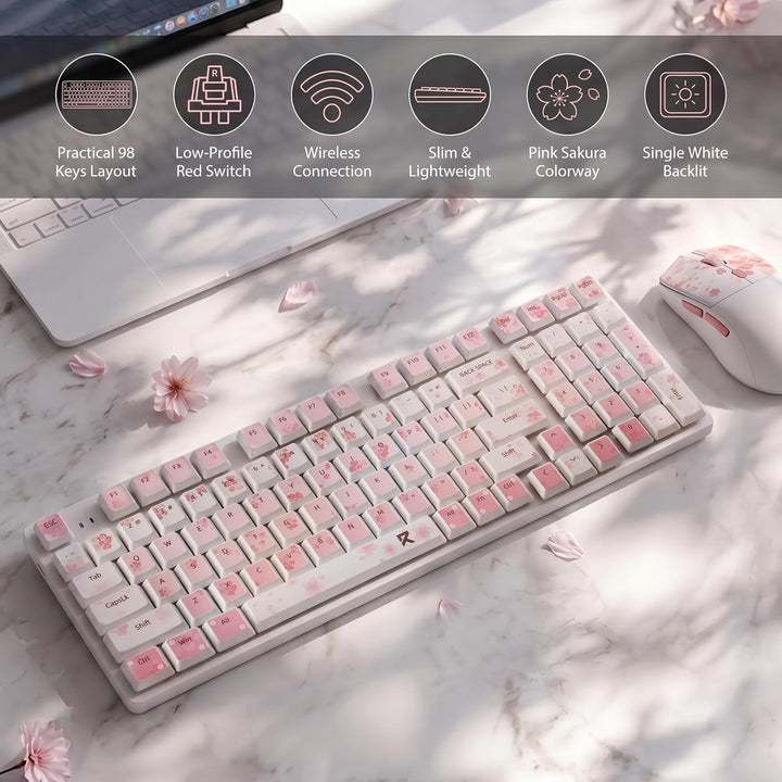 Redragon BS7552 Kabelloses Set 98 Tasten Flachmechanik 4000 DPI Sakura-Rosa