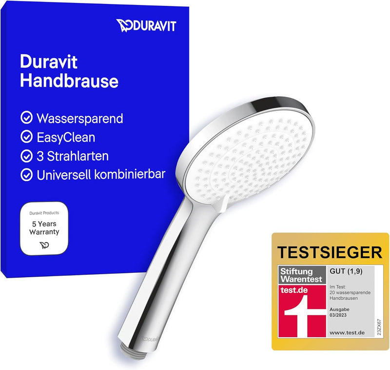 Duravit Universal Duschkopf, Duschbrause mit 3 Strahlarten (Rain, Intense Rain, Soft Rain), Handbrau