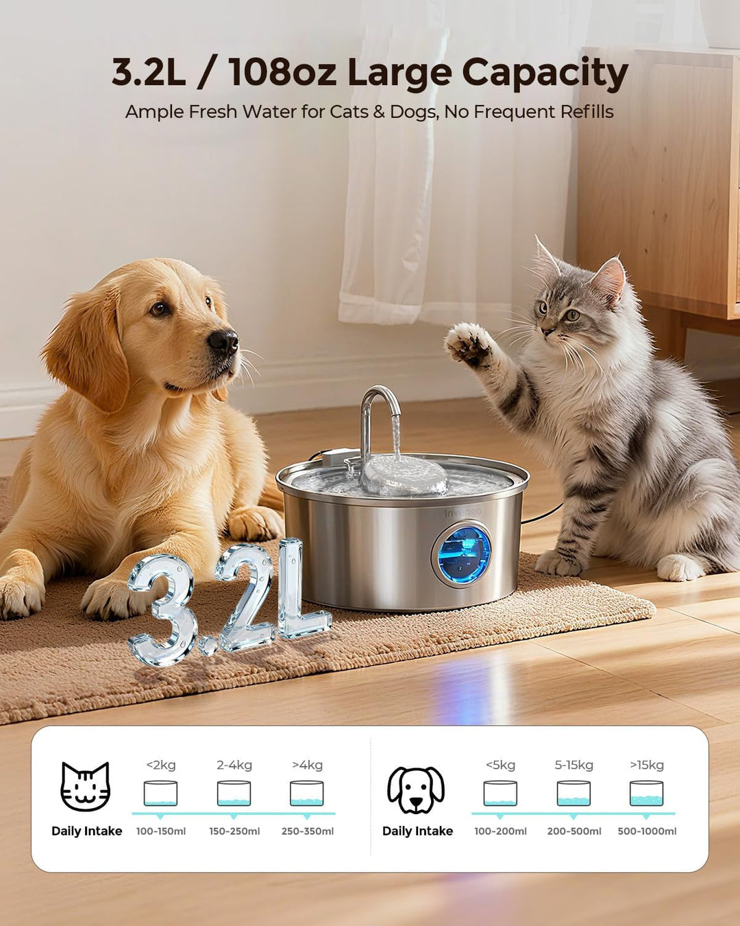 Katzenbrunnen Edelstahl, 3.2L Ultra-Leiser Trinkbrunnen für Katze mit Wasserstandsanzeige und 5-Fach