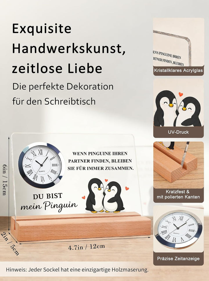 Ich liebe dich Geschenke für Männer &amp; Frauen – Pinguin Acryl-Tischuhr | Jahrestag Geschenk für ihn &amp;