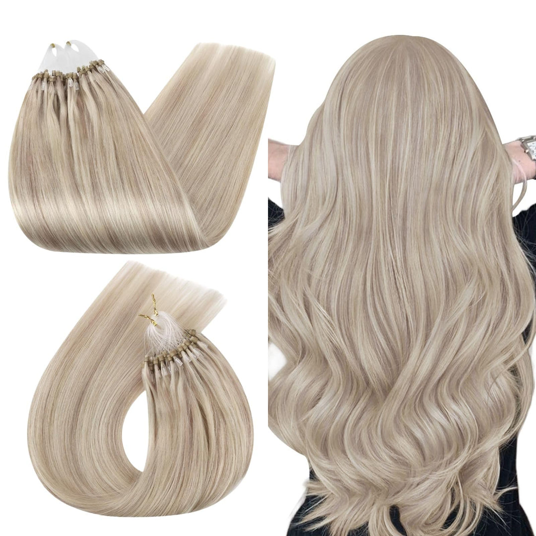 Ugeat Aschblond mit Gebleichtes Blond Haarverlängerung Microring Echthaar Extensions 40cm Micro Loop
