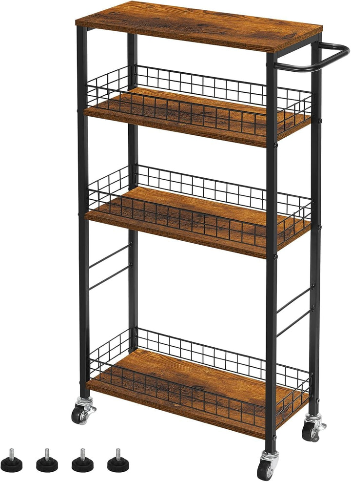 CADUKE 4 Tier schlanker Lagerwagen, schmaler Küchenwagen auf Rädern, Utility Rolling Cart mit Holzti