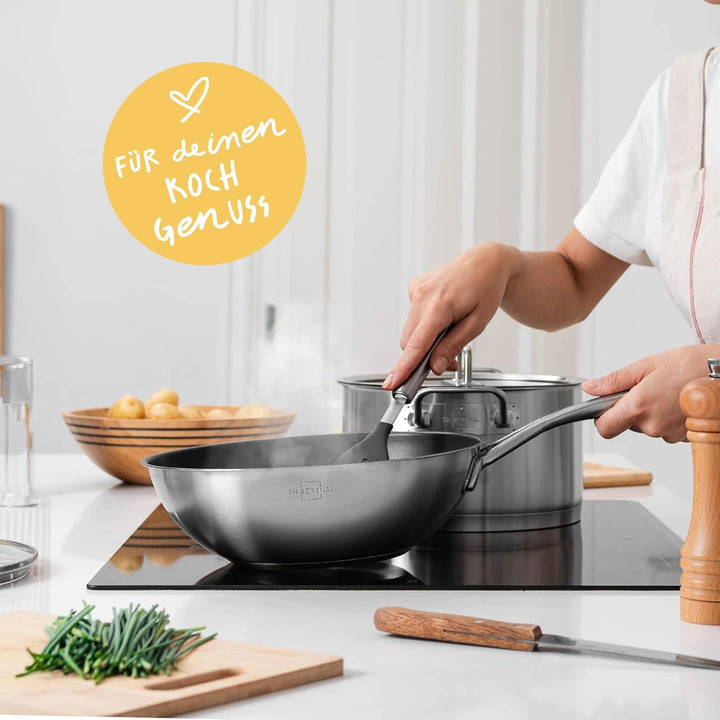 SILBERTHAL Wokpfanne mit Deckel beschichtet Induktion 28 cm - Edelstahl Wok zum Frittieren und Brate