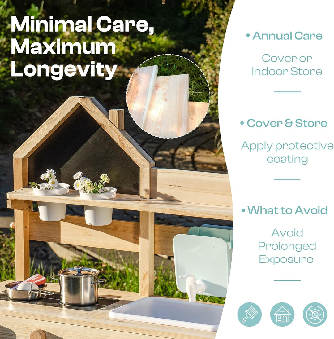 ROBUD Matschküche für Kinder Outdoor, Kinderküche Holz mit Echtem Wasserhahn & Wassertank, Gartenger