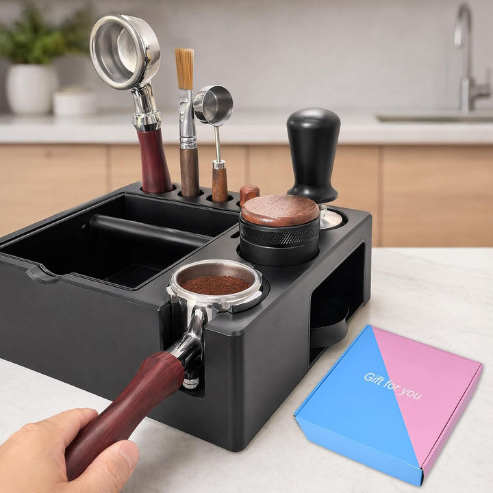 Espresso Tamperstation 51-54-58mm Tamperstation mit Abklopfbehälter 8-in-1 Coffee Tamping Station Sc
