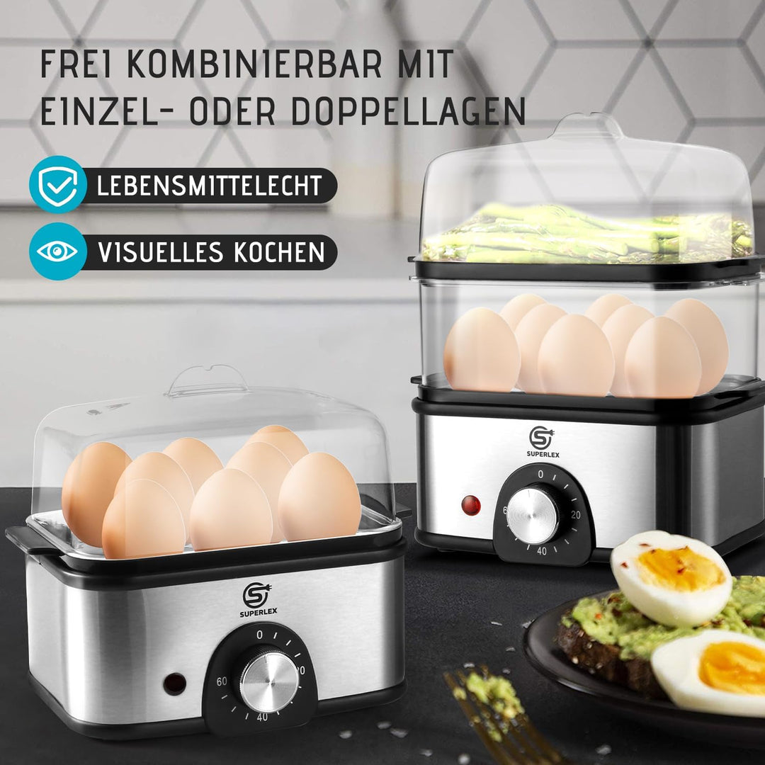 SUPERLEX 2-Schicht Eierkocher Edelstahl für bis zu 16 Eier, elektrischer Dampfgarer, mit Zeiteinstel