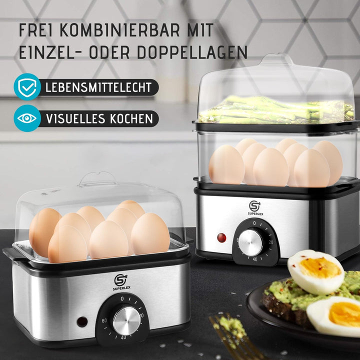 SUPERLEX 2-Schicht Eierkocher Edelstahl für bis zu 16 Eier, elektrischer Dampfgarer, mit Zeiteinstel