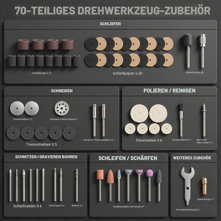 Katerk Akku-Multifunktionswerkzeug, Rotationswerkzeug-Set mit 70 Zubehörteilen, 6 Geschwindigkeiten,