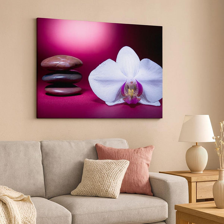 Bilder auf Leinwand Spa braune Steine weisse Orchidee Leinwandbild 70x50cm Wandbilder Dekoration Woh