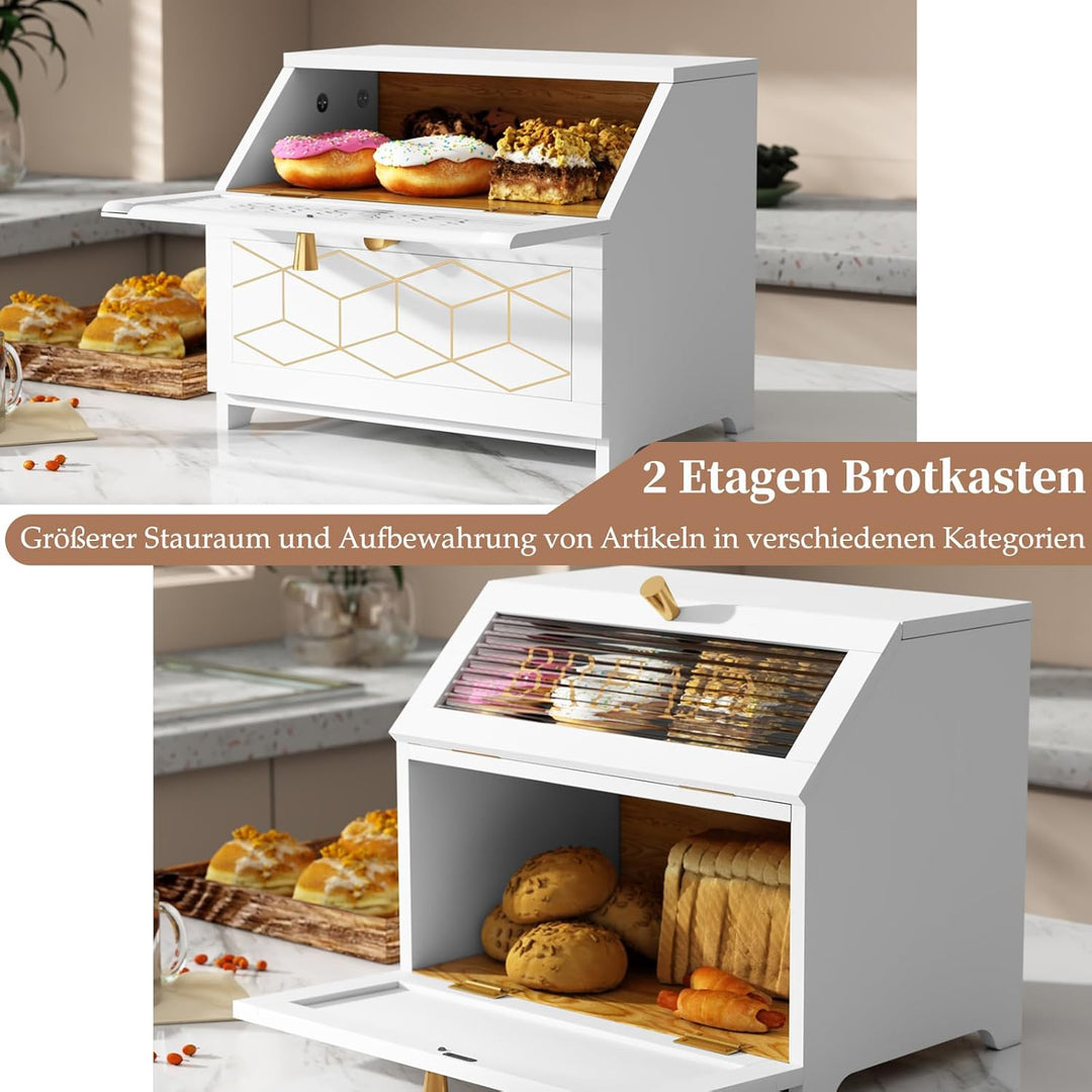 Brotkasten Holz, 2 Etagen Brot Aufbewahrungsbox, Weiss Brotkasten Gross Mit Transparentem Fenster Br