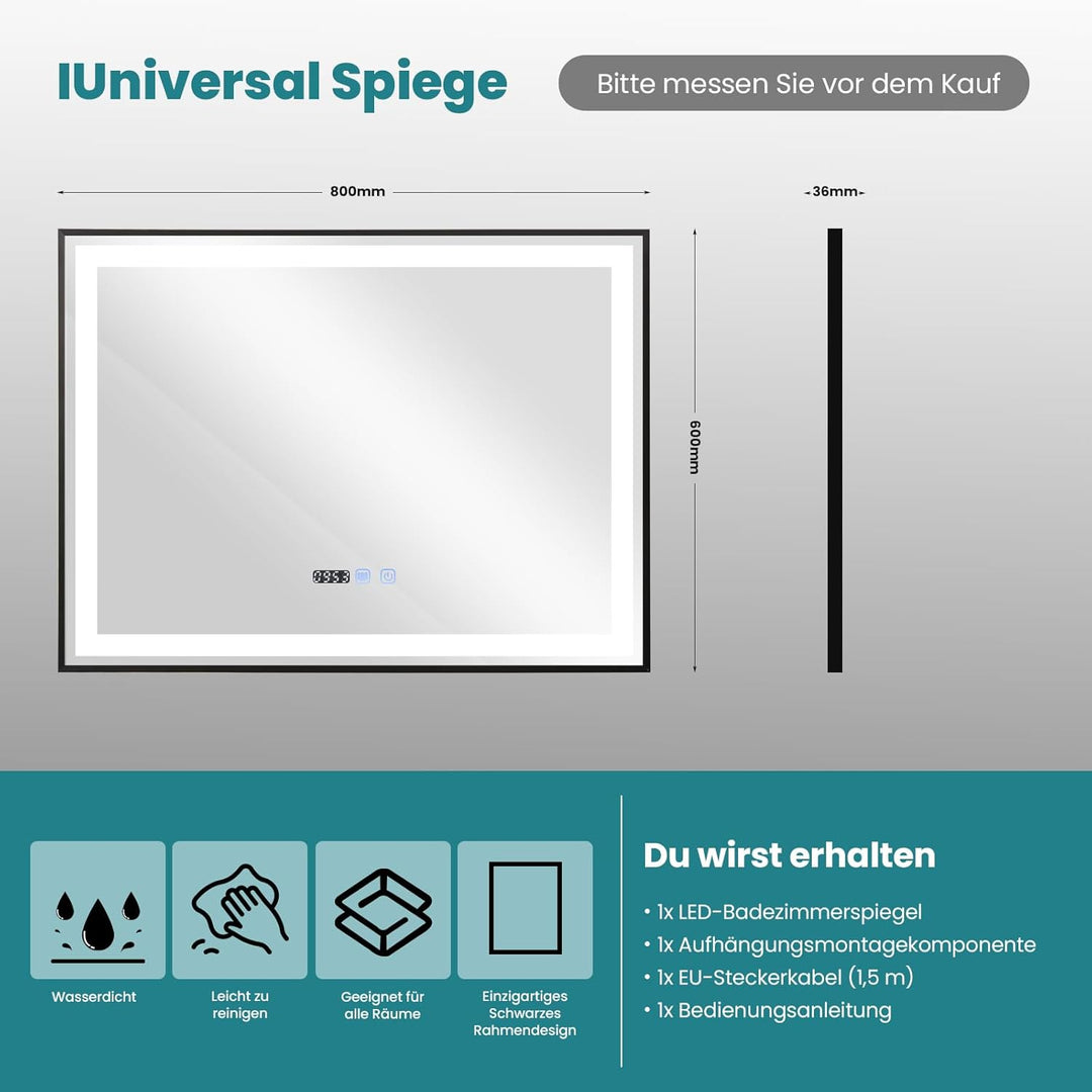 YOURLITE Badspiegel mit Beleuchtung 80x60cm, LED Spiegel Bad, 3 Lichtfarben dimmbar, Badezimmerspieg