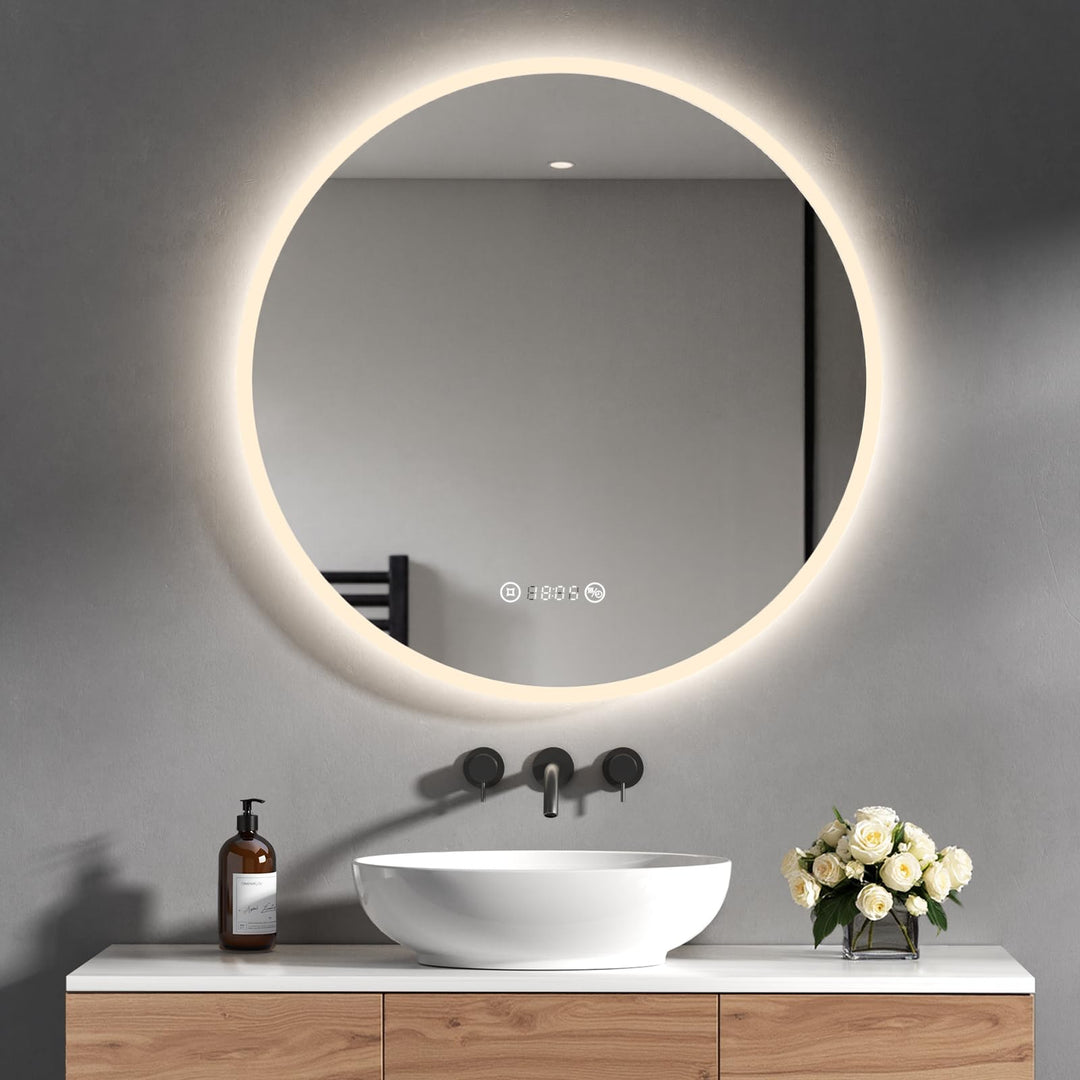 Heilmetz Badspiegel mit Beleuchtung Rund 70cm, LED Badezimmerspiegel mit Uhr, Antibeschlag, Touch, 4