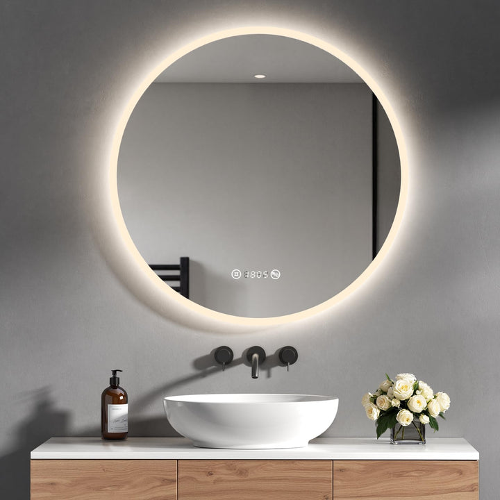 Heilmetz Badspiegel mit Beleuchtung Rund 70cm, LED Badezimmerspiegel mit Uhr, Antibeschlag, Touch, 4