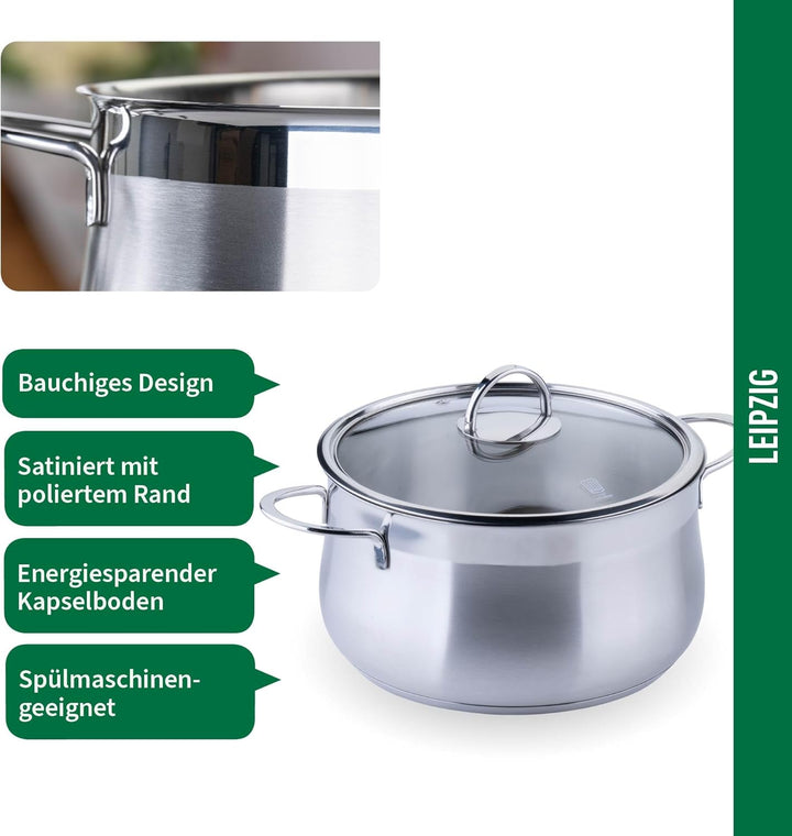 FACKELMANN Chefkoch trifft Kochtopf mit Glasdeckel – ø24cm Edelstahl 18/8, Aluminium-Kern, für alle