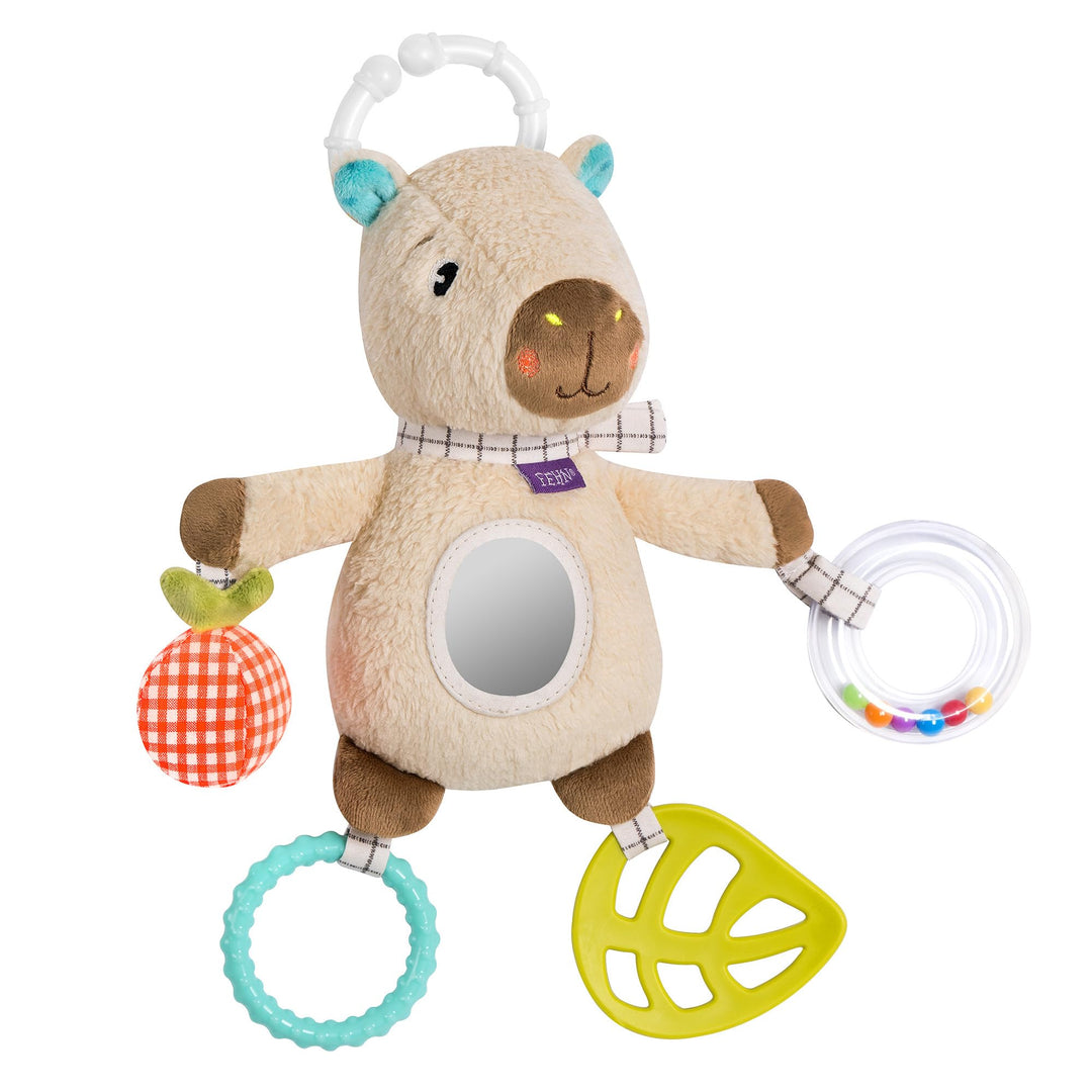 Fehn Activity-Capybara – Motorikspielzeug mit Greifelementen, Beissring und Rassel – Kuscheltier zum