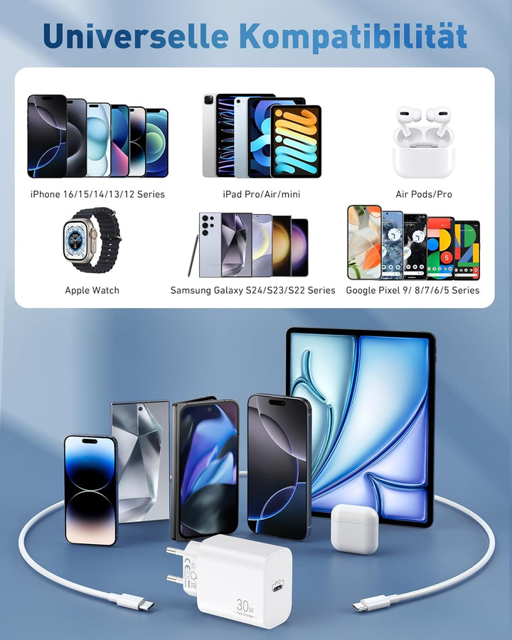 30W USB C Ladegerät mit 2M Ladekabel für iPhone 17e/17/16/16e/15 Pro Max, iPad Pro/Air, iPad 10/11/A
