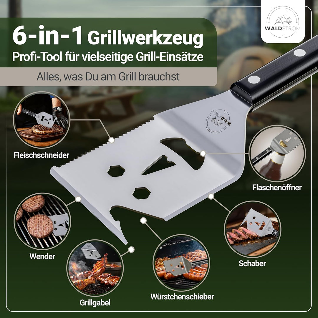 6-in-1 Grillspachtel Multitool I Grill Zubehör Set mit inklusive Grillschürze - ideales BBQ Geschenk