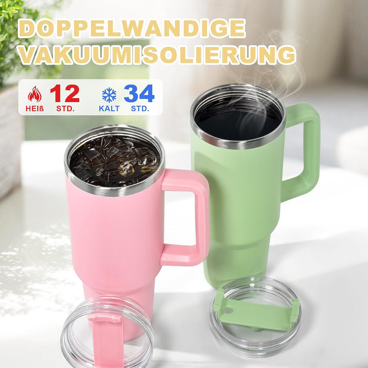 Thermobecher mit Strohhalm und Henkel 1,2L, 100% Auslaufsicherer Trinkbecher, Edelstahl Doppelwand V