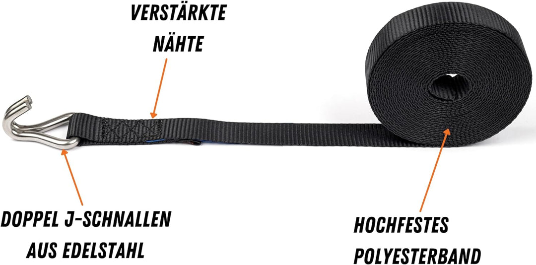 LODD - Spanngurte mit Ratsche 6 m aus Edelstahl, Doppel-J-Haken, Edelstahl, mit Transportkoffer – Id
