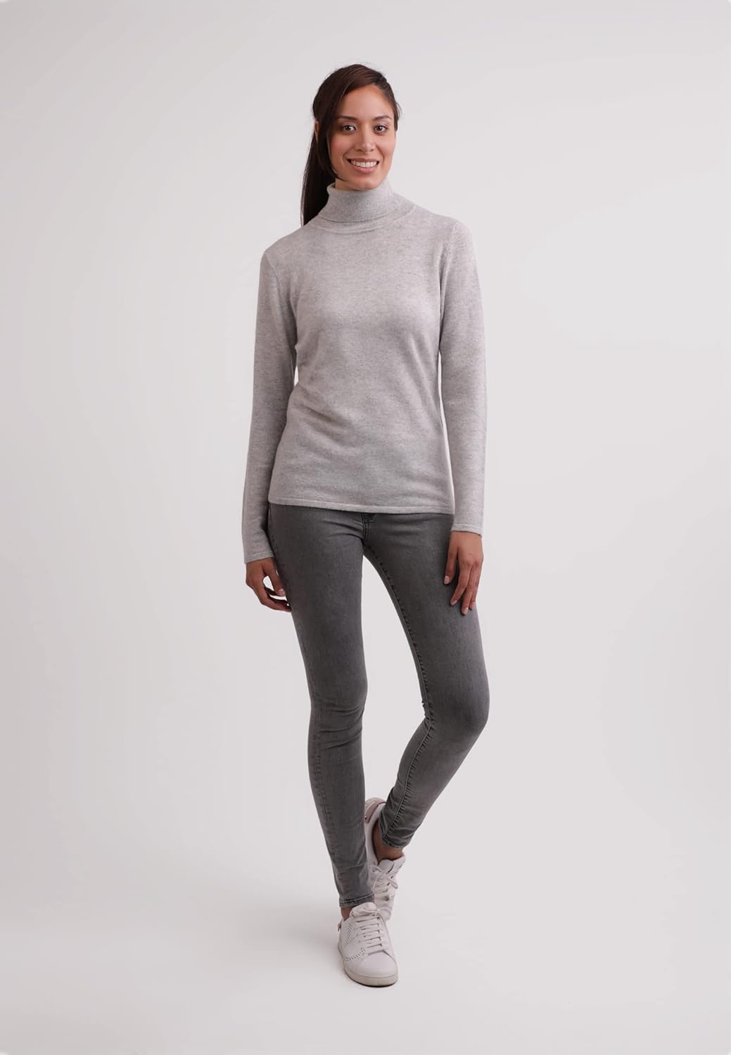 CASH-MERE.CH 100% Kaschmir Damen Pullover | Sweater Rollkragen 2-fädig, Hellgrau