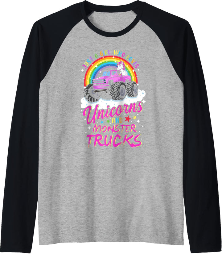 Just A Girl Who Loves Unicorns and Monster Trucks Rainbow Raglan