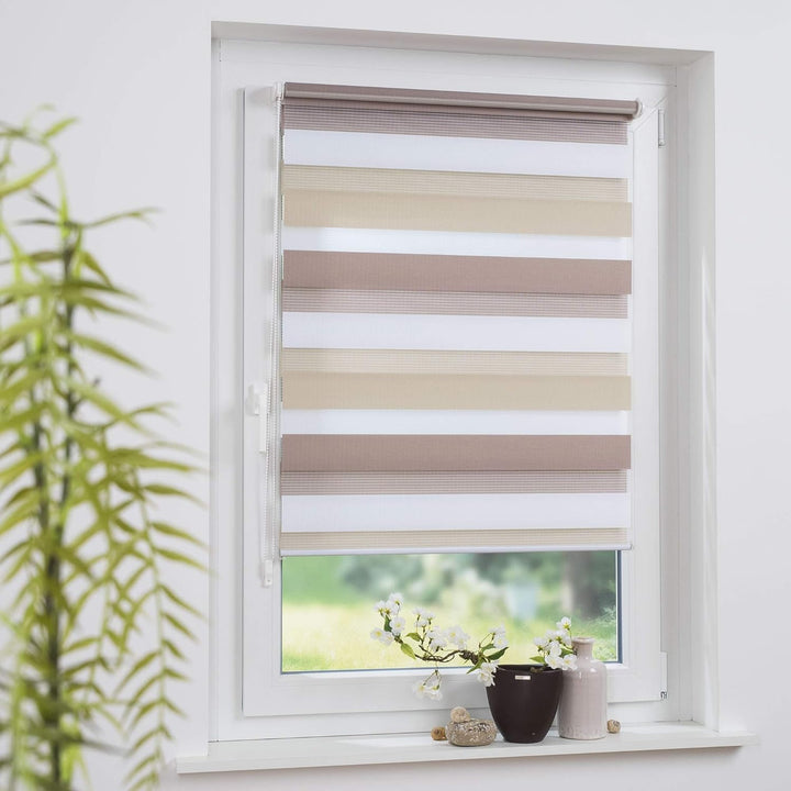 Klemmfix Doppelrollo dreifarbig hell beige Creme weiss - Breite 45 bis 120 cm, Länge 150 cm BZW. 210