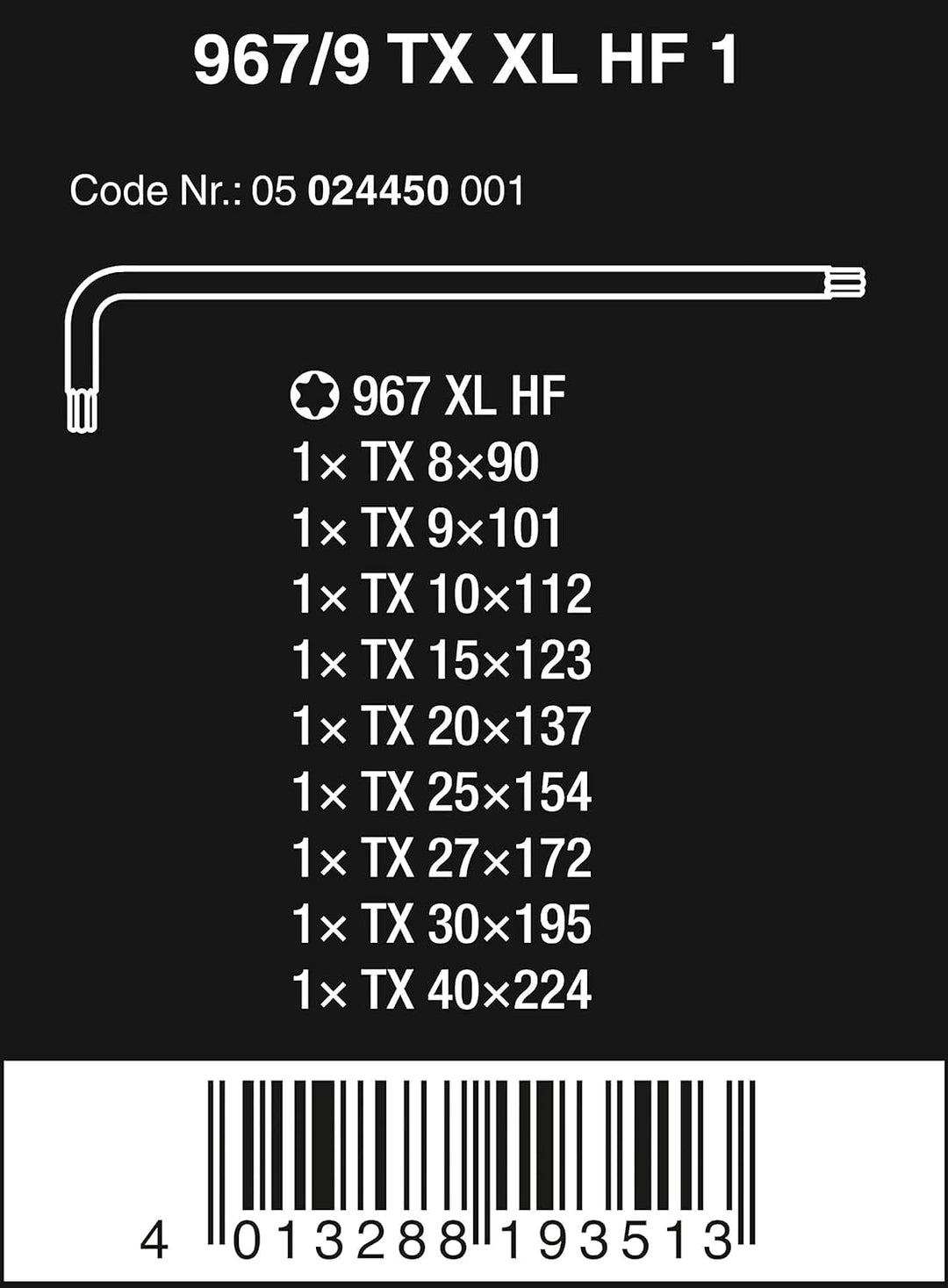 Wera 05024450001 967/9 TX XL HF 1 Winkelschlüsselsatz mit Haltefunktion, lang, 9-teilig 9-teilig Sch