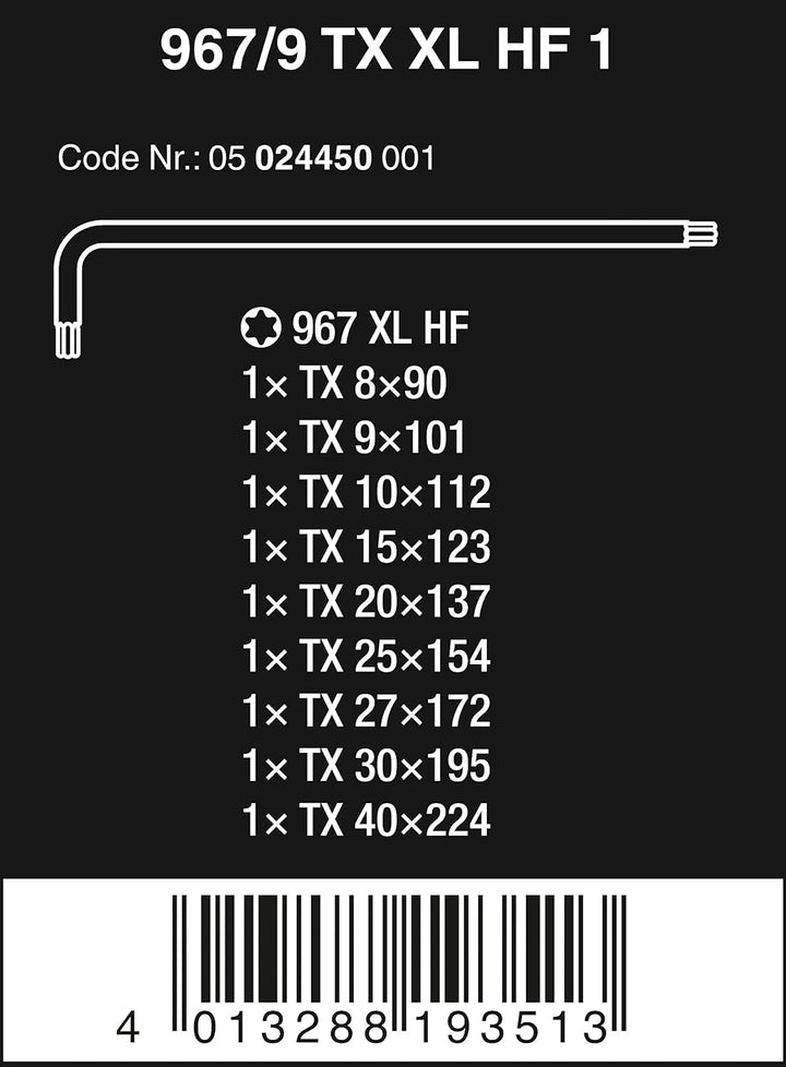 Wera 05024450001 967/9 TX XL HF 1 Winkelschlüsselsatz mit Haltefunktion, lang, 9-teilig 9-teilig Sch