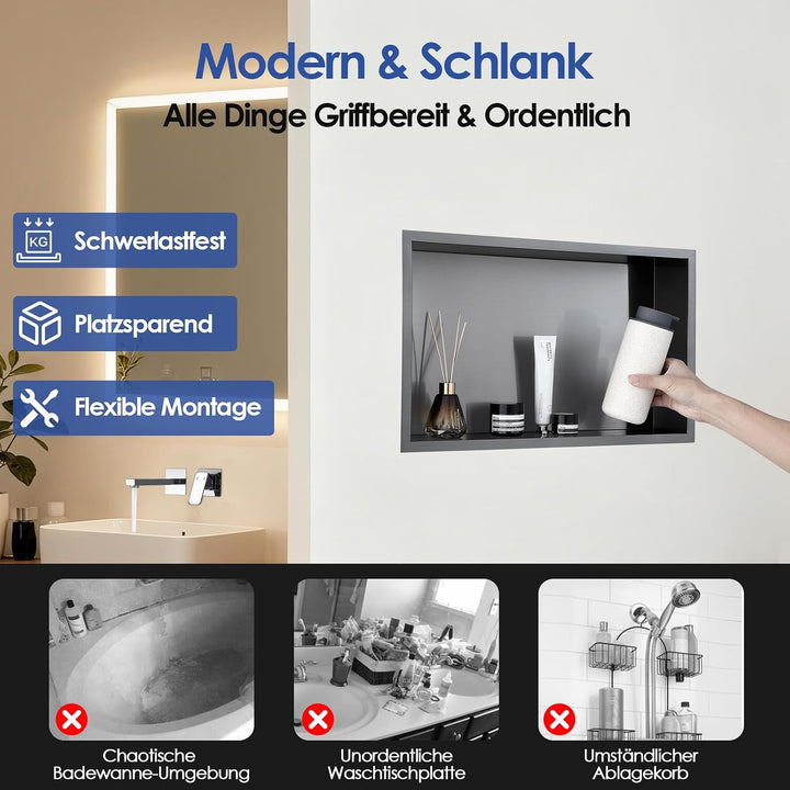 ROVOGO 50x30x10cm Nano Schwarz Wandnische Dusche Edelstahl, Eingebettete Duschnische Einzelregal Lag