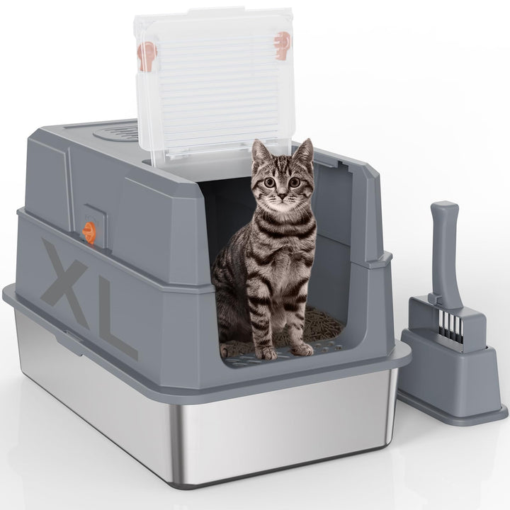 SZEE XL Edelsthal Katzenklo mit 180° Klappdeckel, Grosse Geschlossene Katzentoilette Edelstahl mit D