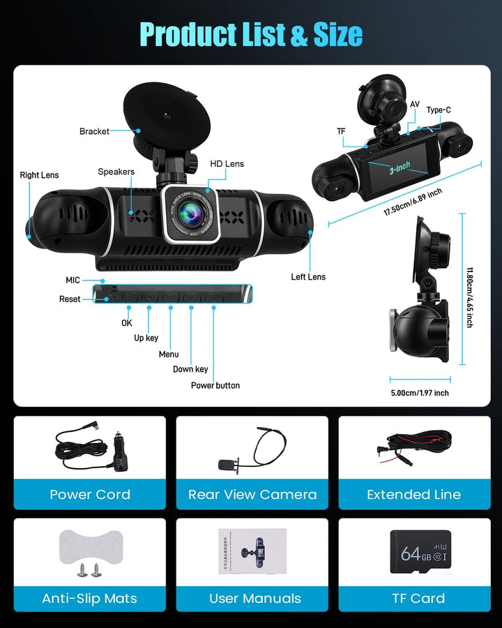 Hikity 2K 360°Dashcam für Auto mit 64G SD Karte,4 Kanal 3 Zoll IPS Bildschirm Dash Cam, Dash Cam 2K+
