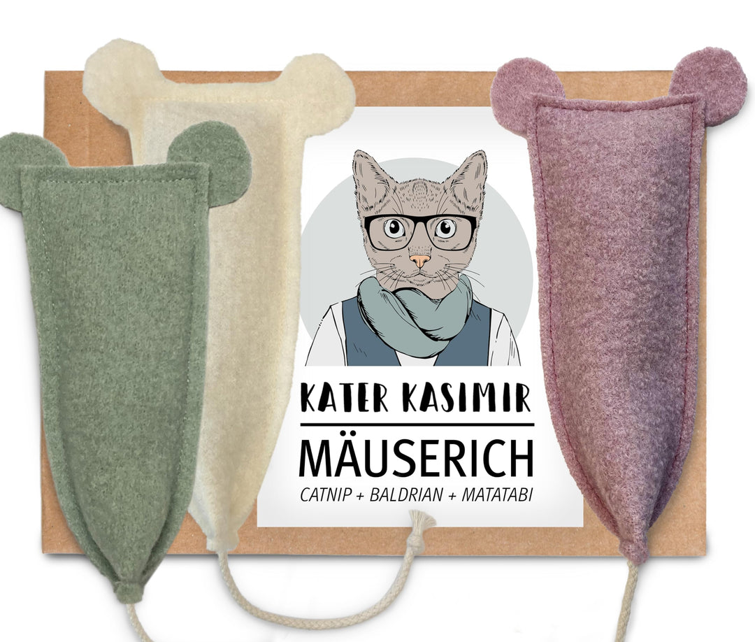 3 XL Spielmäuse mit Katzenminze-, Baldrian- und Matatabi-Füllung. Aus Reiner Schurwolle. Liebevolle