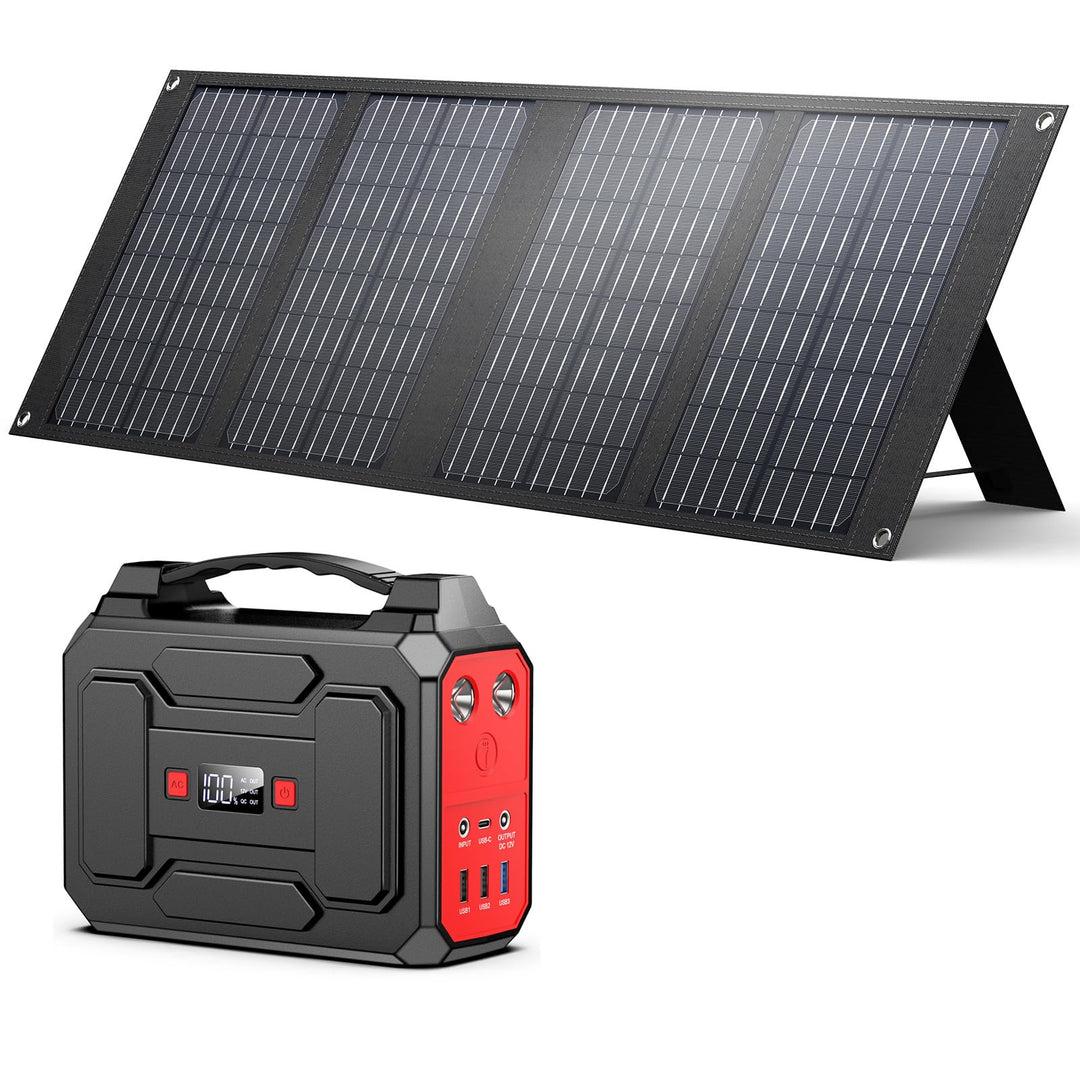 Powkey Solargenerator R100 mit 40W Solarpanel, 99Wh Akku Tragbare Powerstation, 100W AC/18W USB-C Au