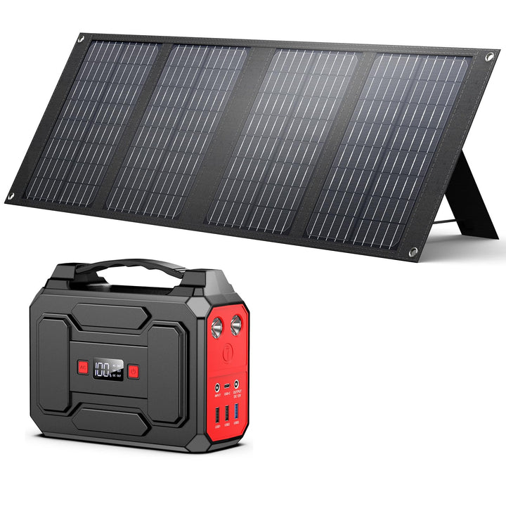 Powkey Solargenerator R100 mit 40W Solarpanel, 99Wh Akku Tragbare Powerstation, 100W AC/18W USB-C Au