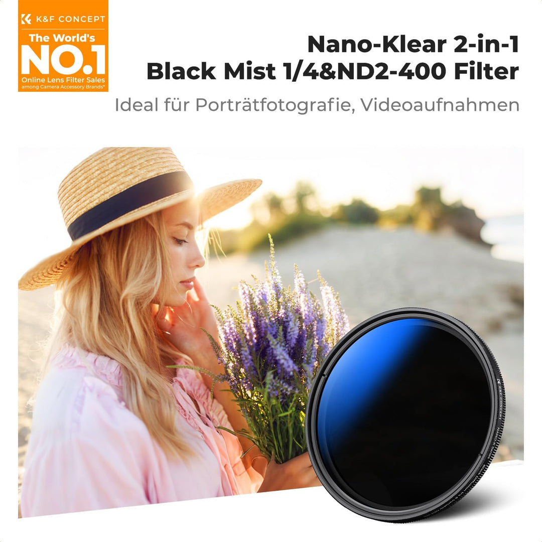 K&F CONCEPT 2-IN-1 Filter 82mm Black Mist 1/4 & ND2-ND400 Filter,Black Promist 1/4 & Variabler ND2-N