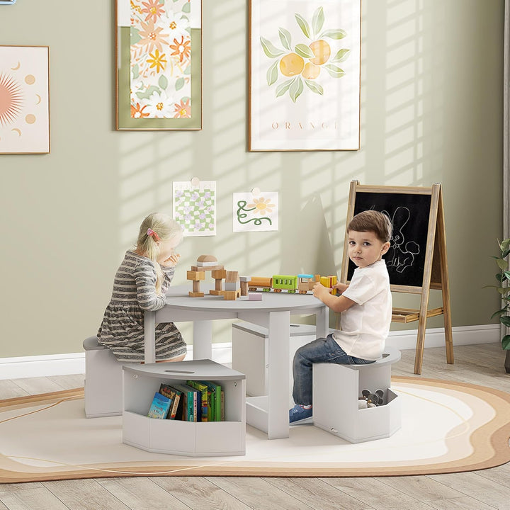 AIYAPLAY 5-TLG. Kindertisch und Hocker Set, Tisch und Stühle Set mit platzsparendem Holzaufbewahrung